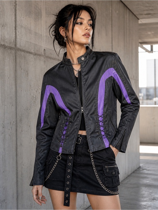 Vance Textiles Jackets & Blazers - Vance Textiles Black Purple Moto Biker Jacket Lace Up Sides Y2K Cyber Large